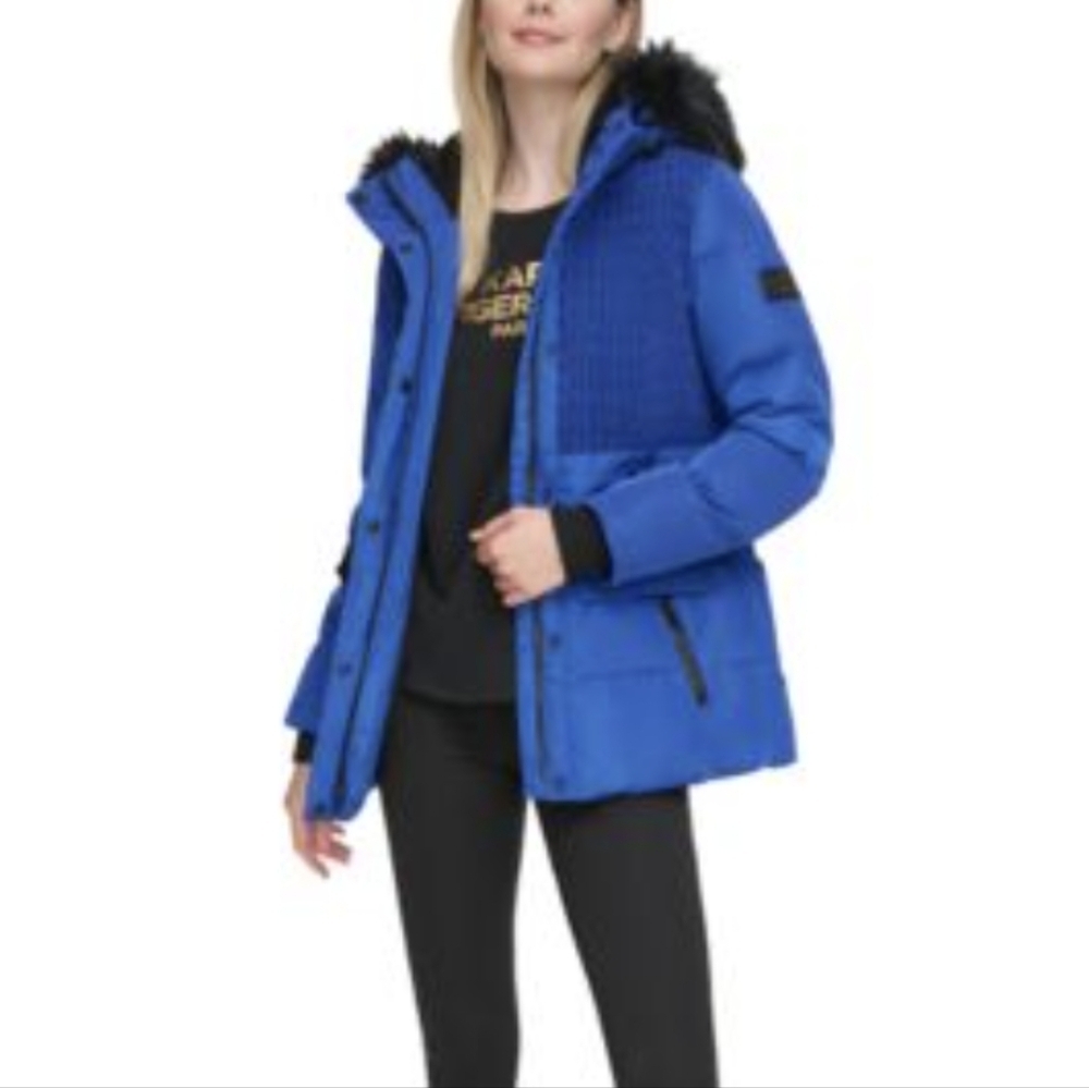 Karl Lagerfeld Faux Fur Blue‎ Winter Coat Size XS New